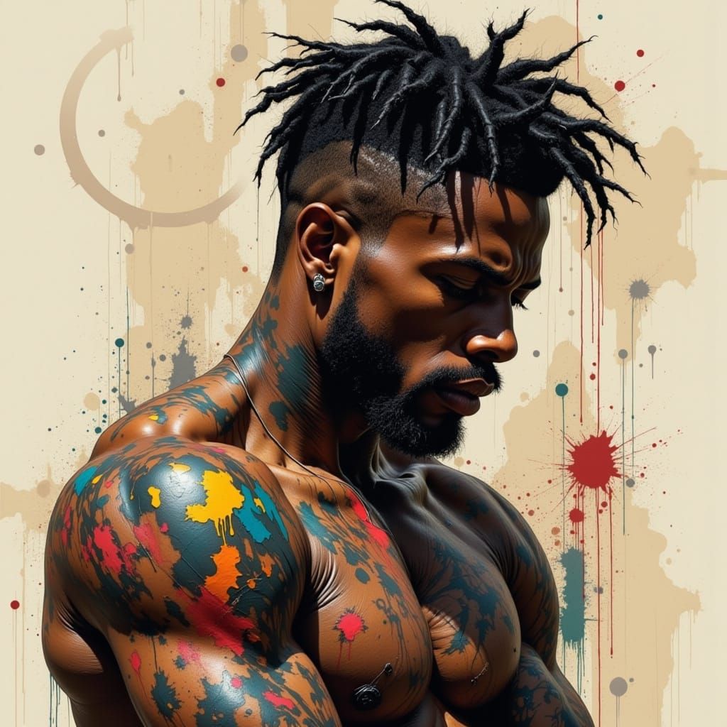 Cyberpunk Portrait of a Young Black Man with Abstract Tattoo...
