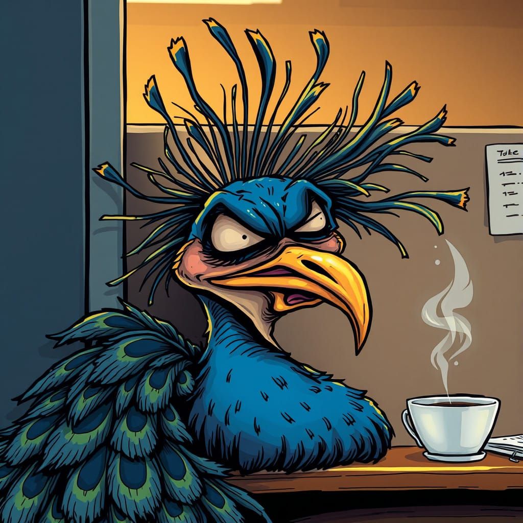 Eccentric Peacock Office Scene in Vibrant Cartoon Style