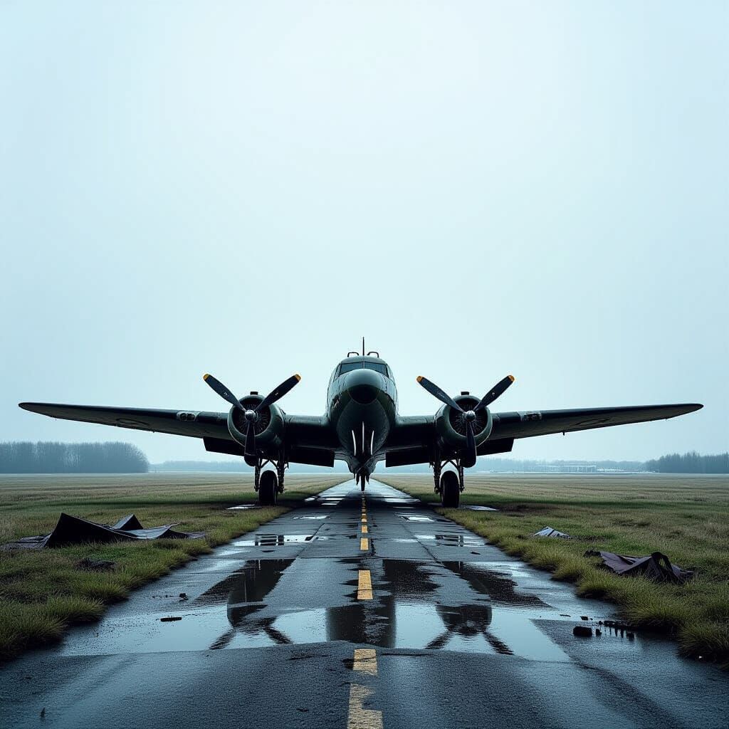 WWII Bomber on Muddy Airfield in Overcast Sky