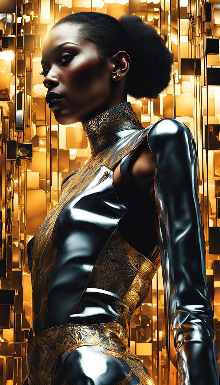 Dominican Woman in Metallic Room, Digital Art