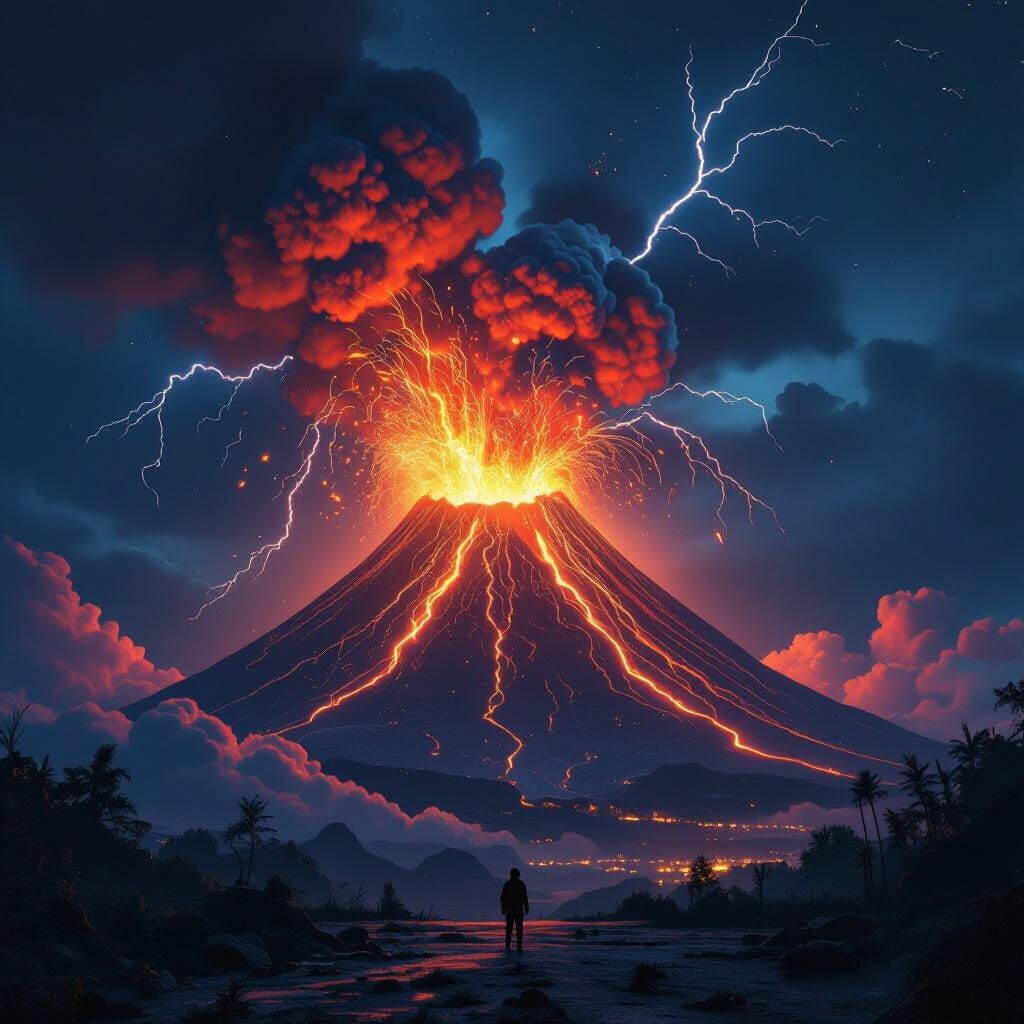 Volcano Erupts with Lava Fountains and Lightning