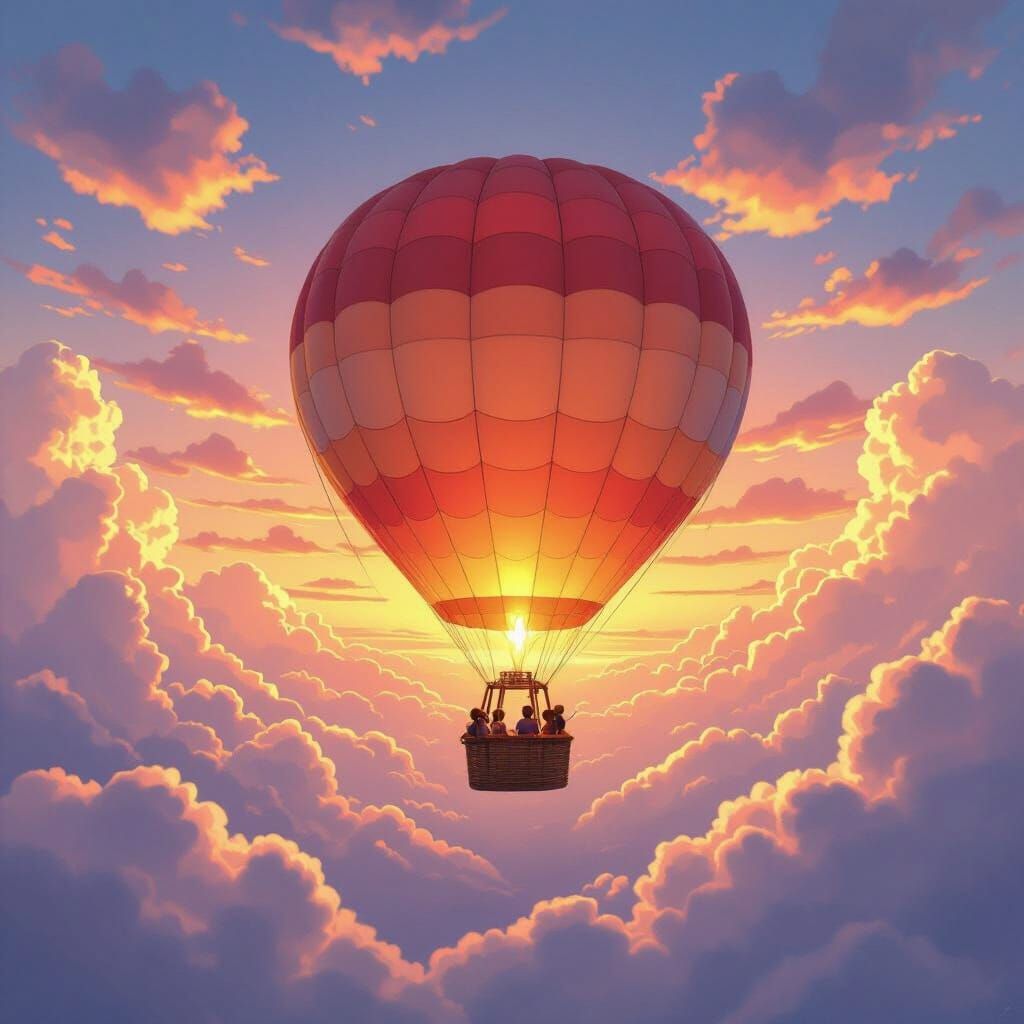 Hot Air Balloon at Sunset in Romantic Realism Style