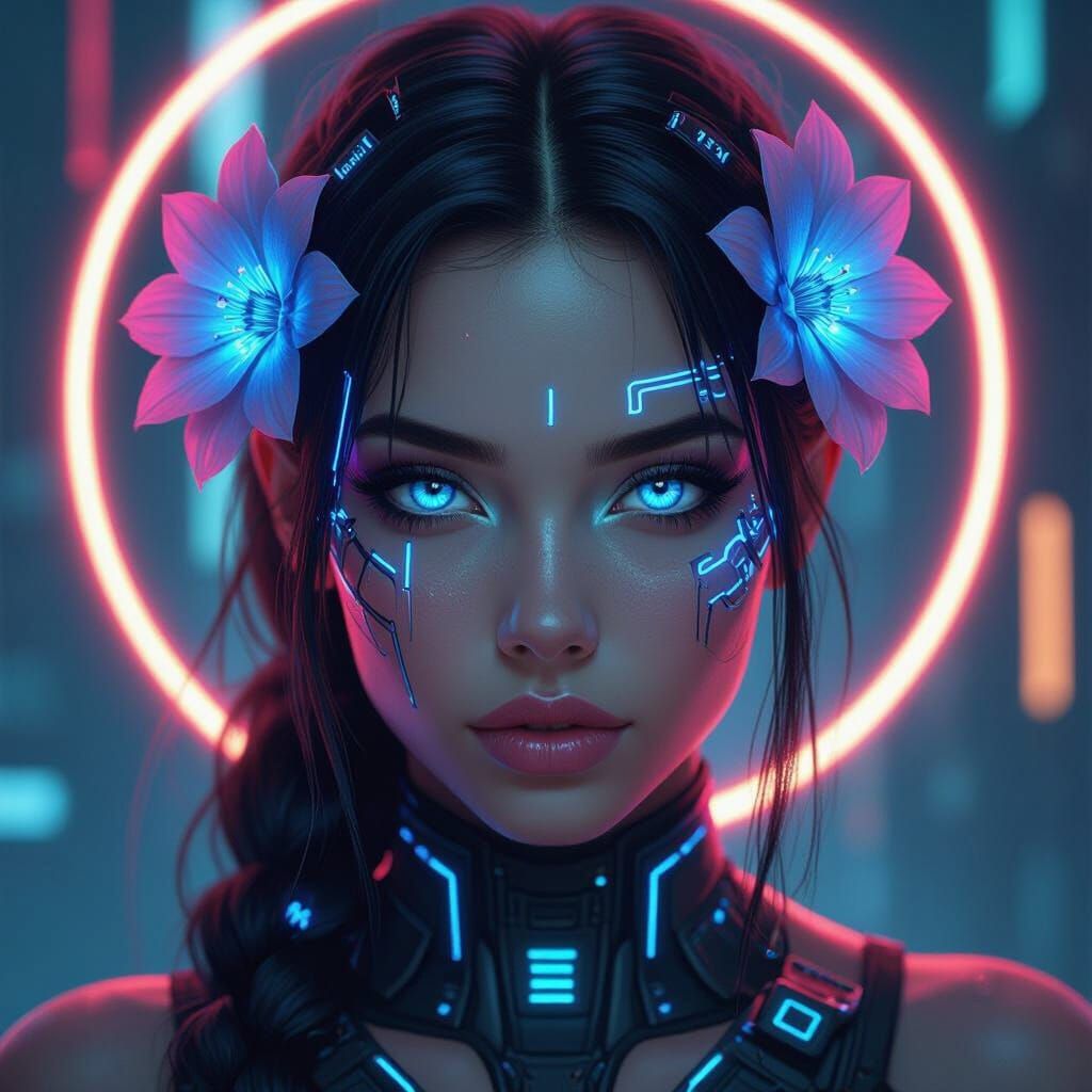 Cyberpunk Goddess with Neon Halo