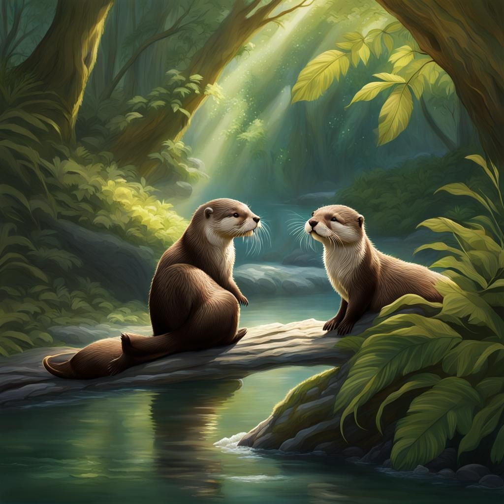 Otters in Gentle Caress by River: Digital Painting