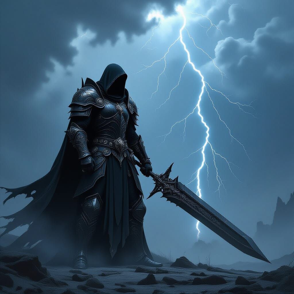Gothic Warrior on Desolate Plateau in Stormy Sky