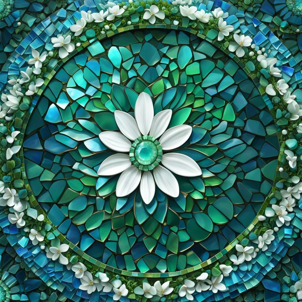 Blue green mosaic round glass pieces, design of the ocean, f...