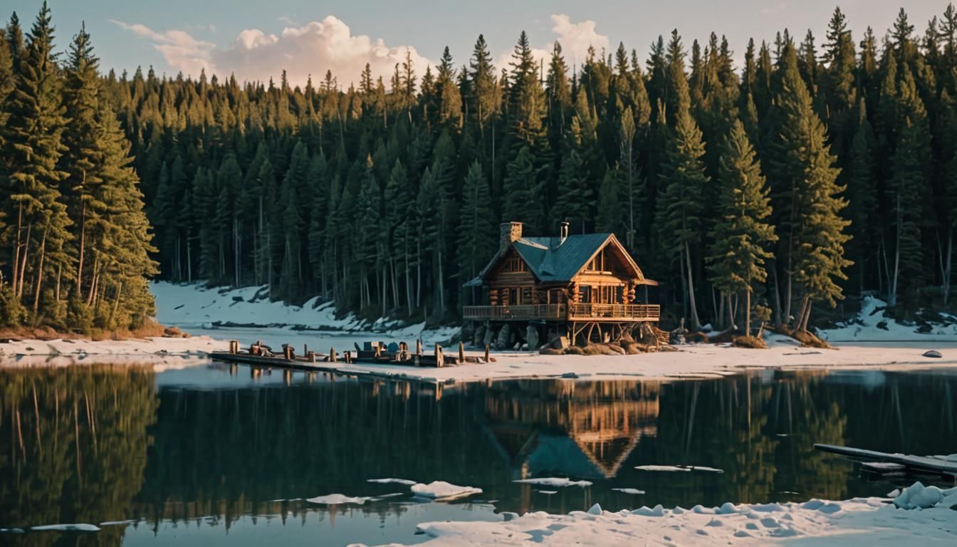 Log Cabin by Frozen Lake at Golden Hour