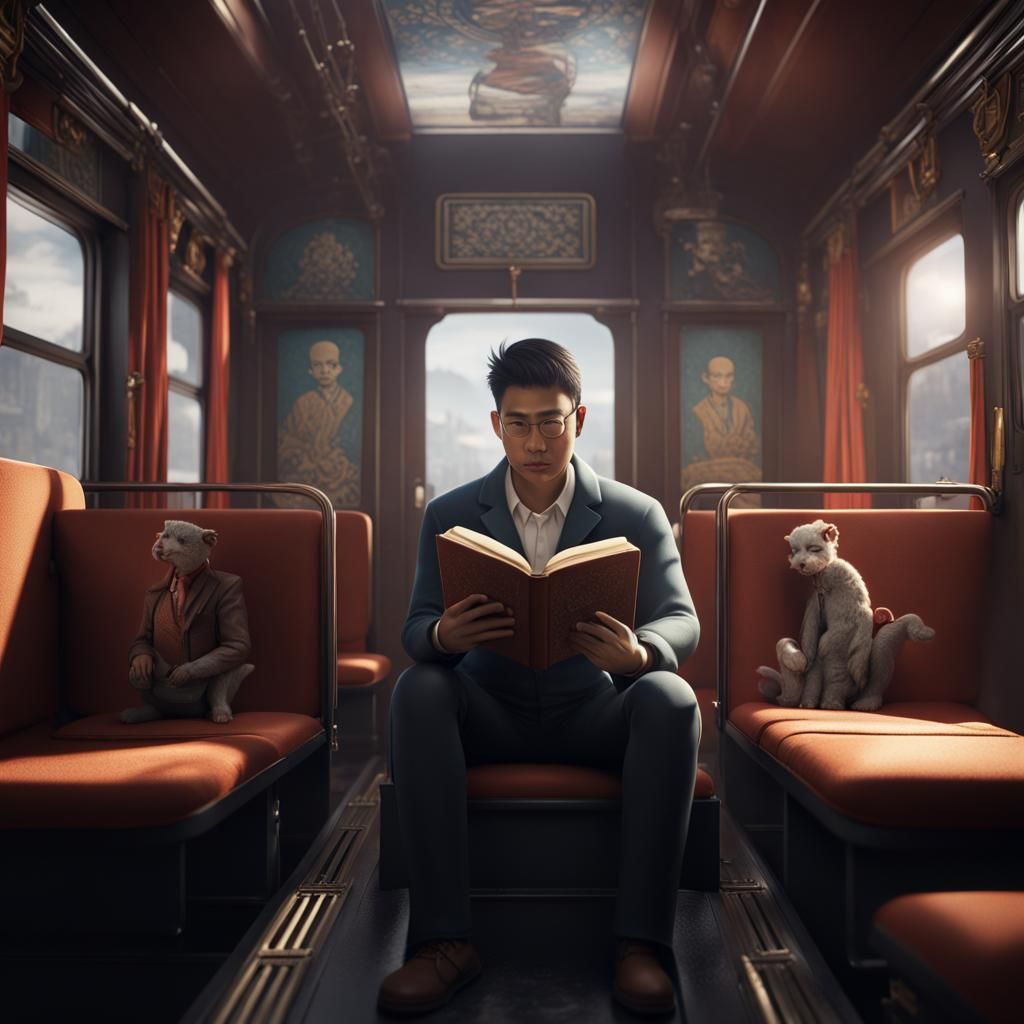 Asian Man Reading on Train with Shadow Figures