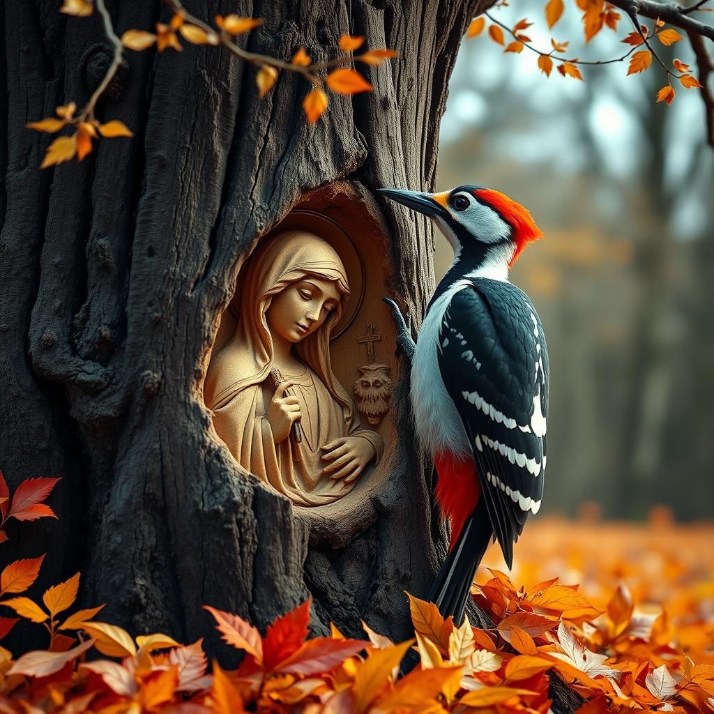 Woodpecker's Dark Fantasy Sculpture of the Virgin Mary