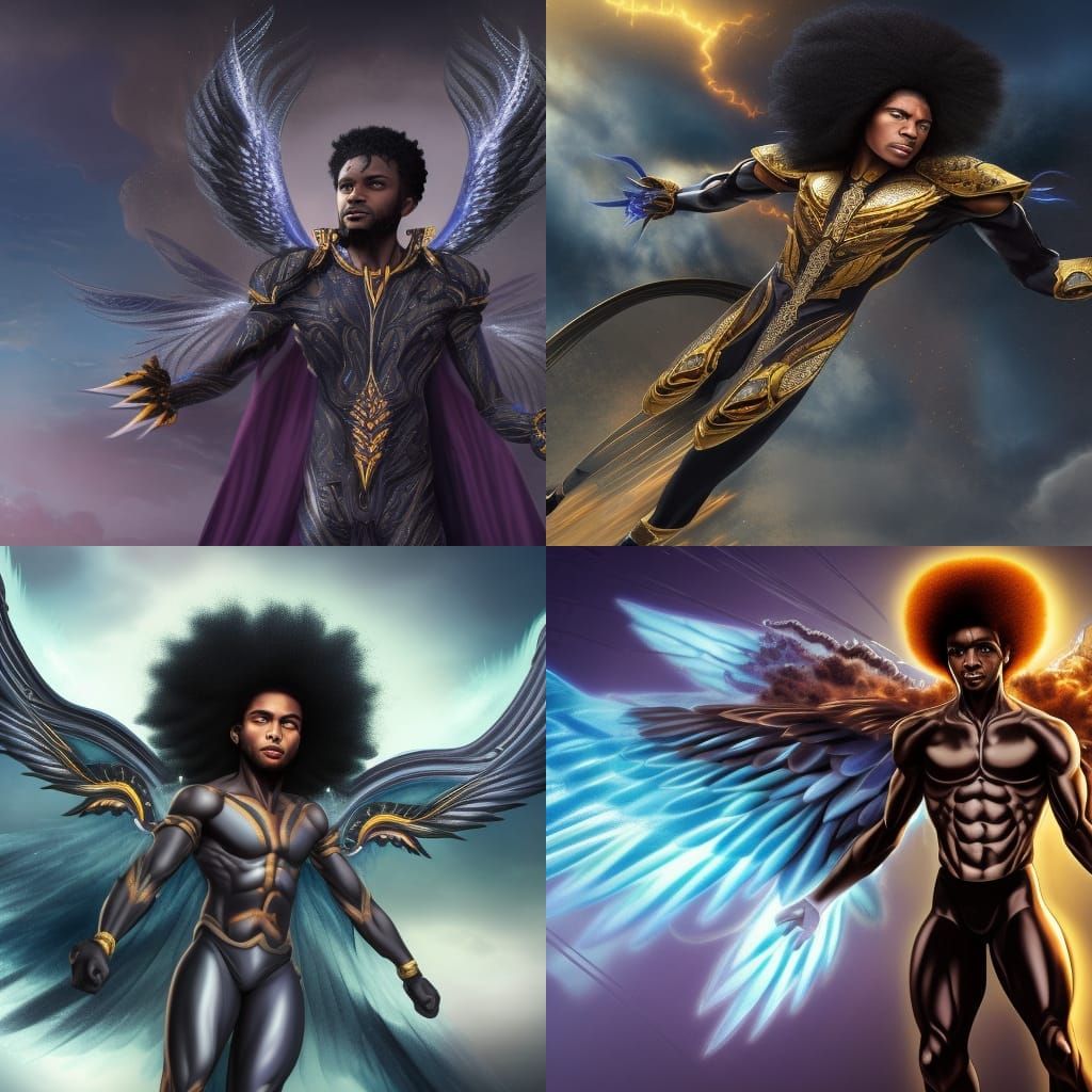 Archangel: Black Man with Metal Wings in Animation Style