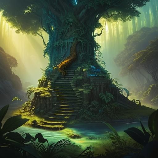 Tiger on Jungle Ruins in Frazetta-Style Art