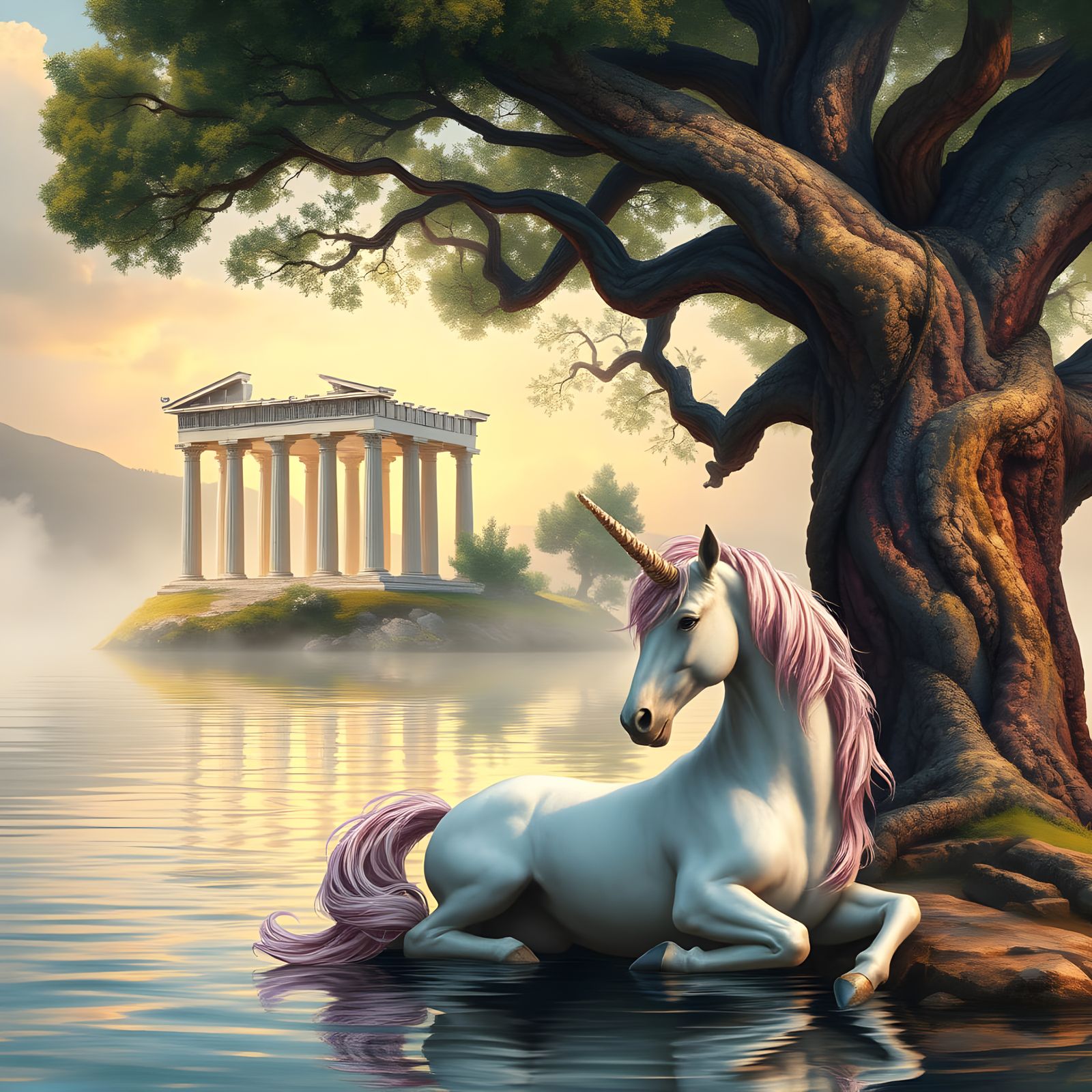 Ancient Greek Temple Ruins on a Serene Island, with a Mystic...