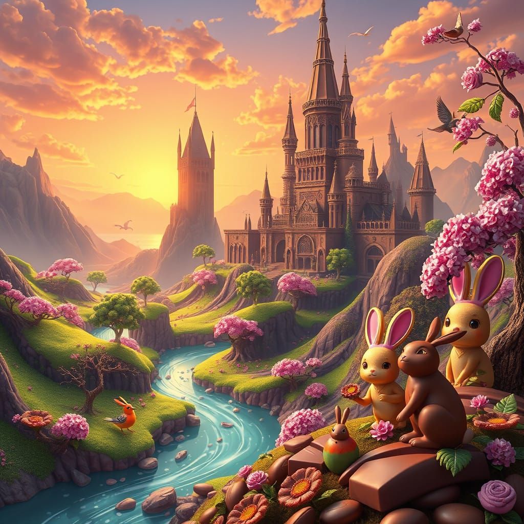 Dark Chocolate Fantasy Realm Under Vibrant Sunset