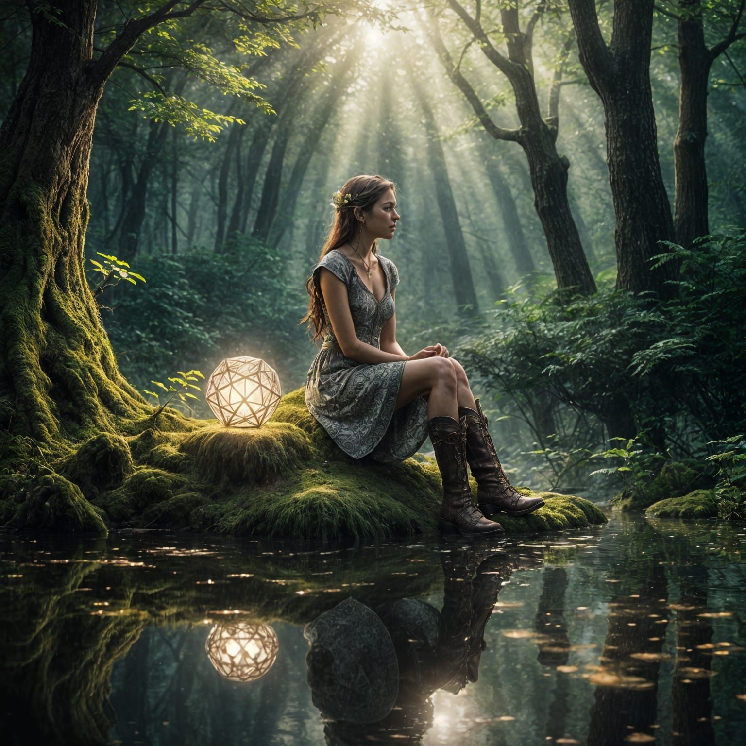 Hyperrealistic Elf Maiden Sits on Bronze Dodecahedron