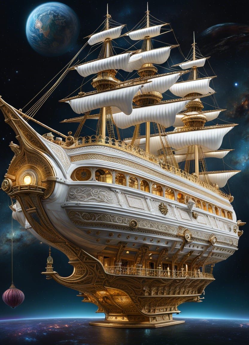 Gothic Space Pirate Ship in a Vibrant Celestial Galaxy