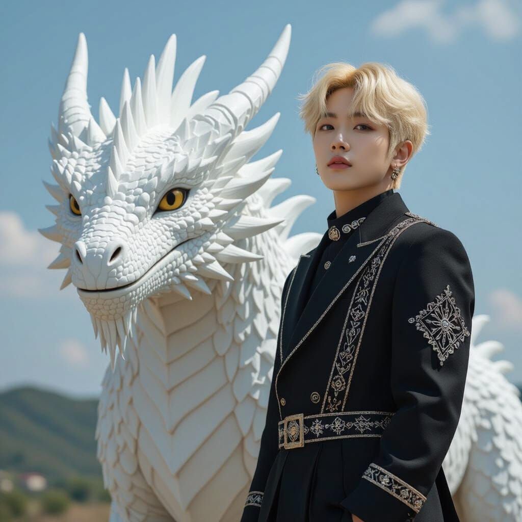 Woozi of Seventeen with Dragon in Graphic Novel Style