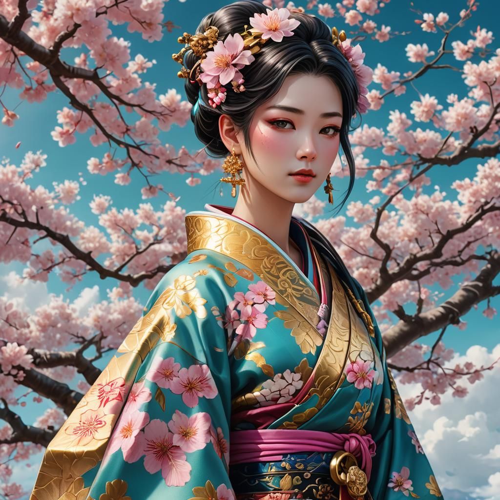 Manga Girl in Ornate Kimono with Cherry Blossoms