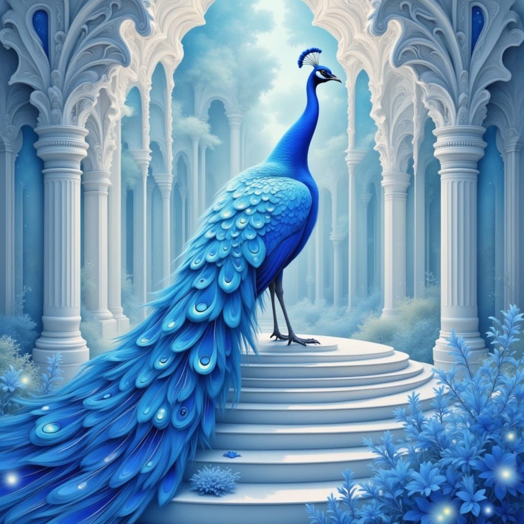Watercolor Peacock at Shimmering Temple