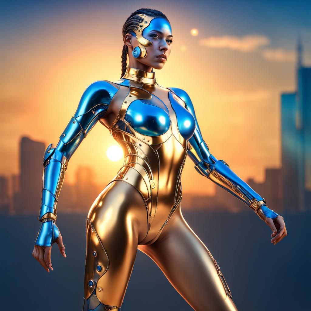 Golden Cyborg Woman with LED Implants