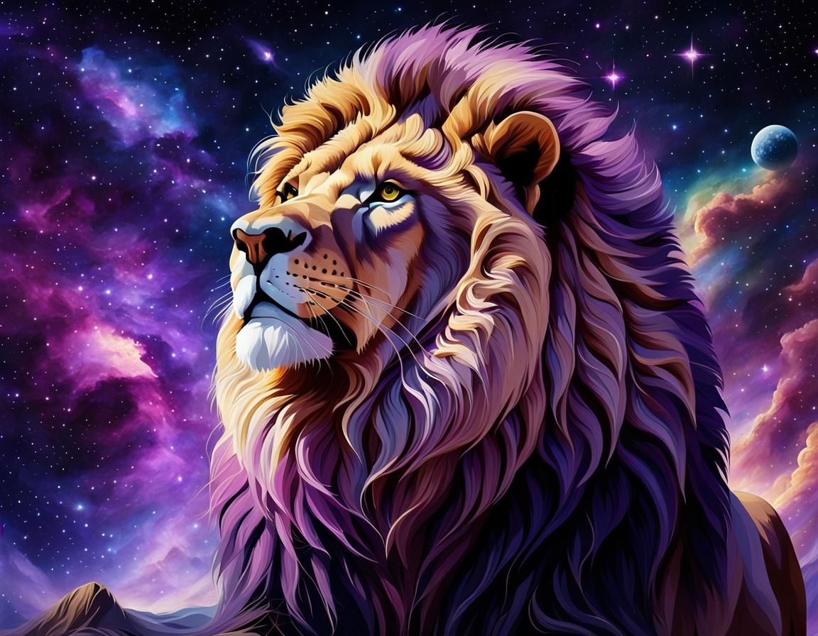 Lion Gazing at Mystical Purple Starry Night