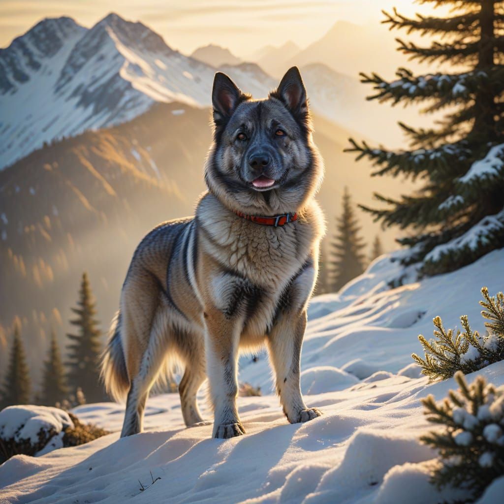 Norwegian Elkhound on Snowy Peak: Oil Painting