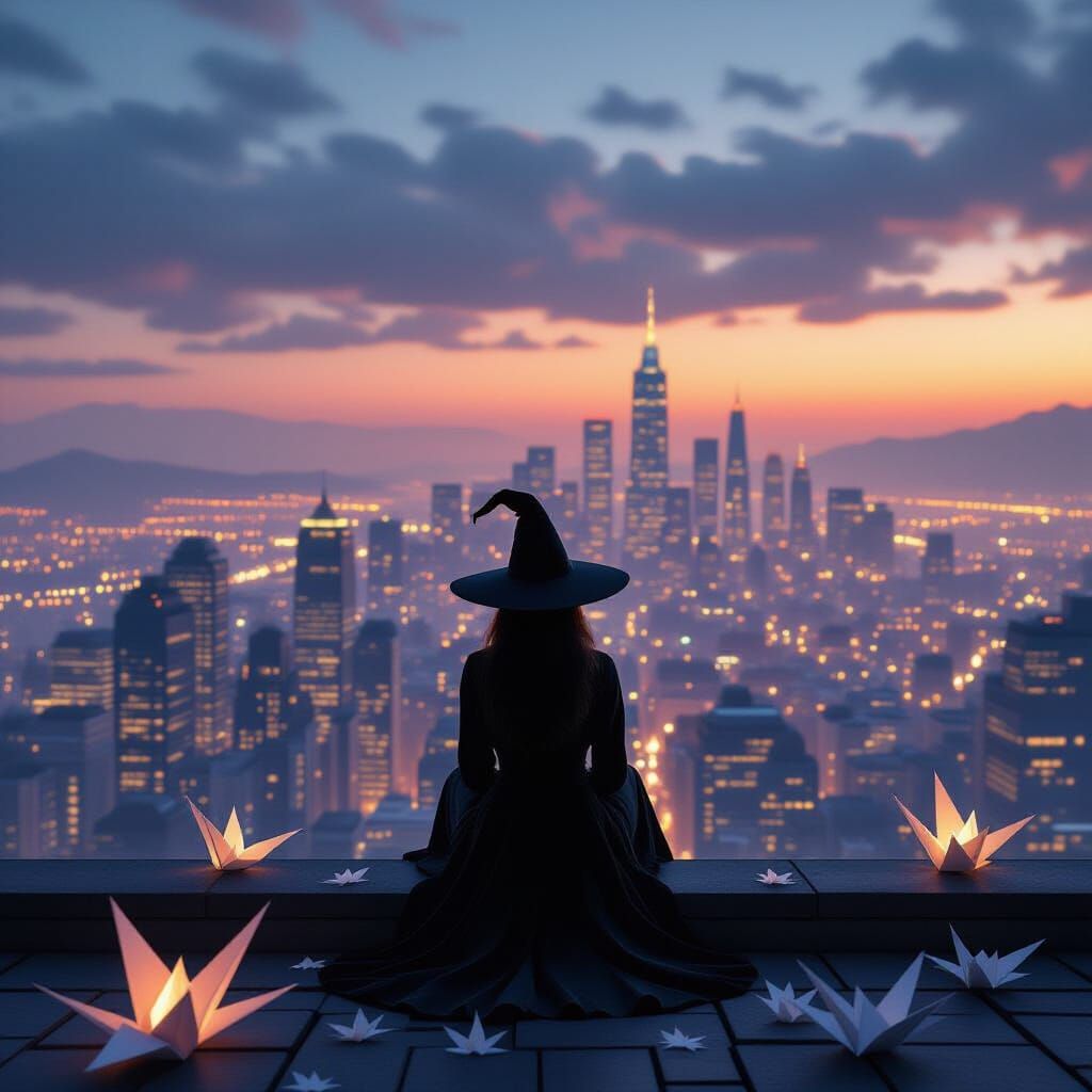 Witch Overlooks Paper Metropolis at Dusk