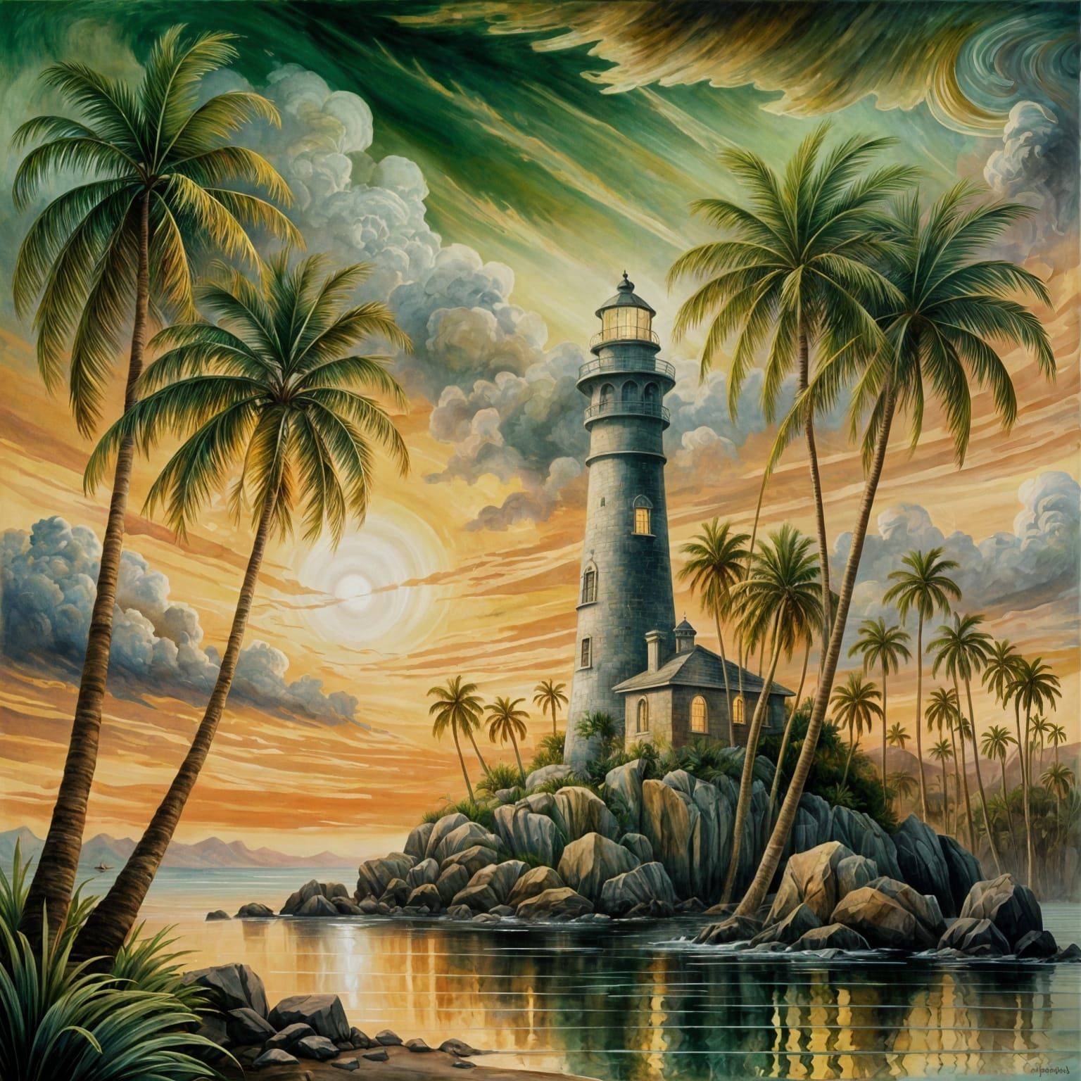 Twilight Lighthouse in Tropical Watercolor Style