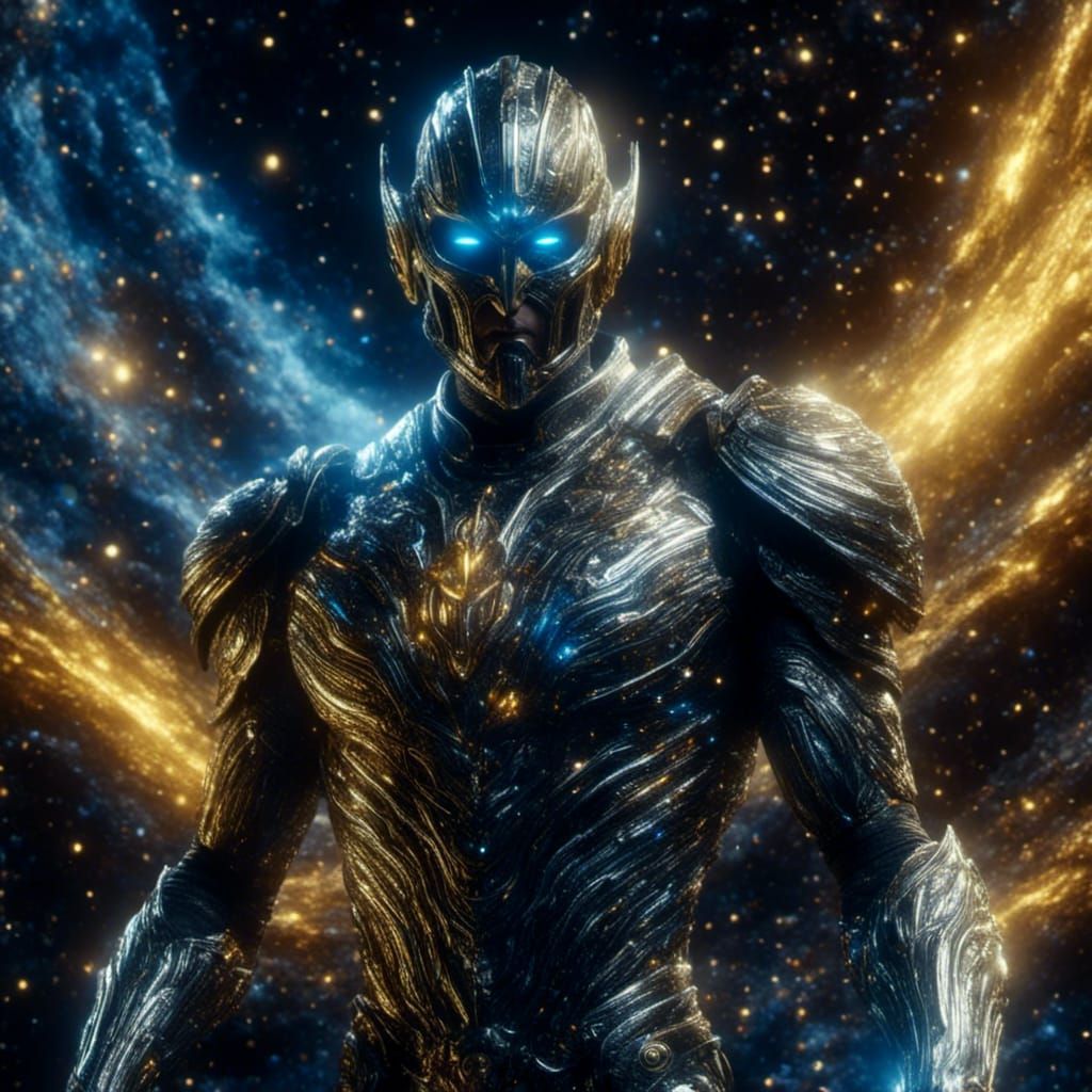 Mighty Cosmic Superhero in Space with Metal Armor