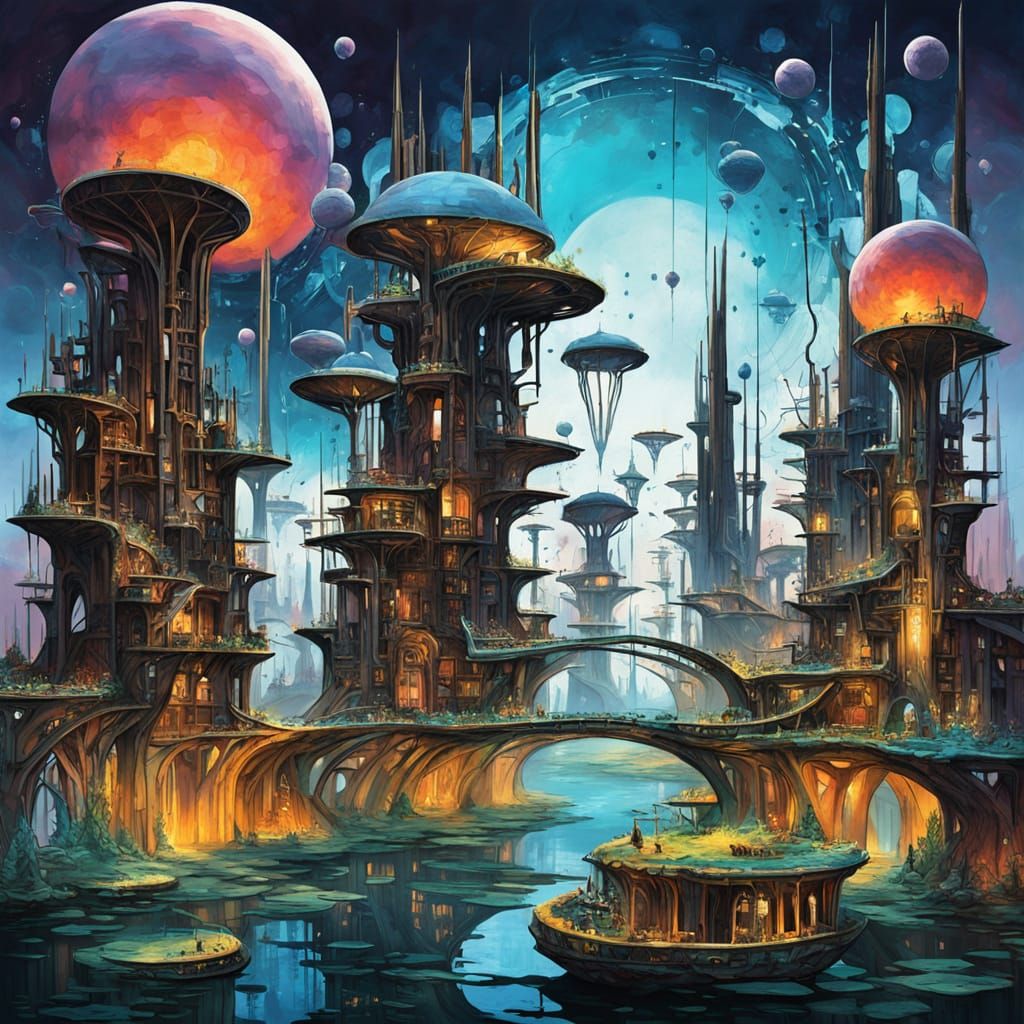 Surreal Floating Cityscape with Abstract Futuristic Art