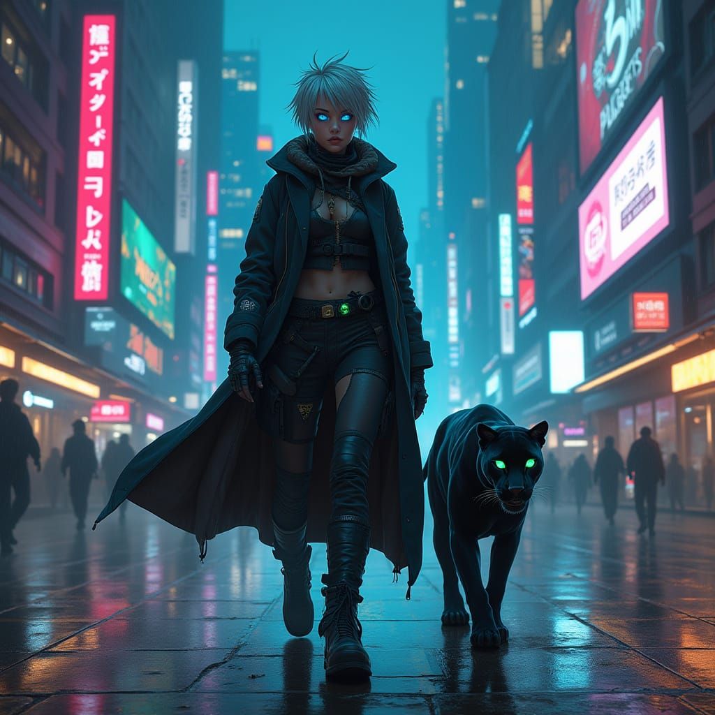 Cyberpunk Warrior with High-Tech Panther Companion