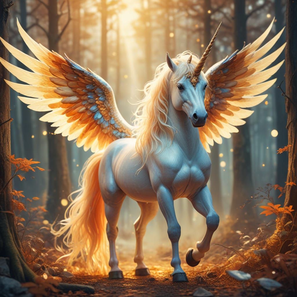 Surreal Golden Unicorn Takes Flight in Whimsical Forest