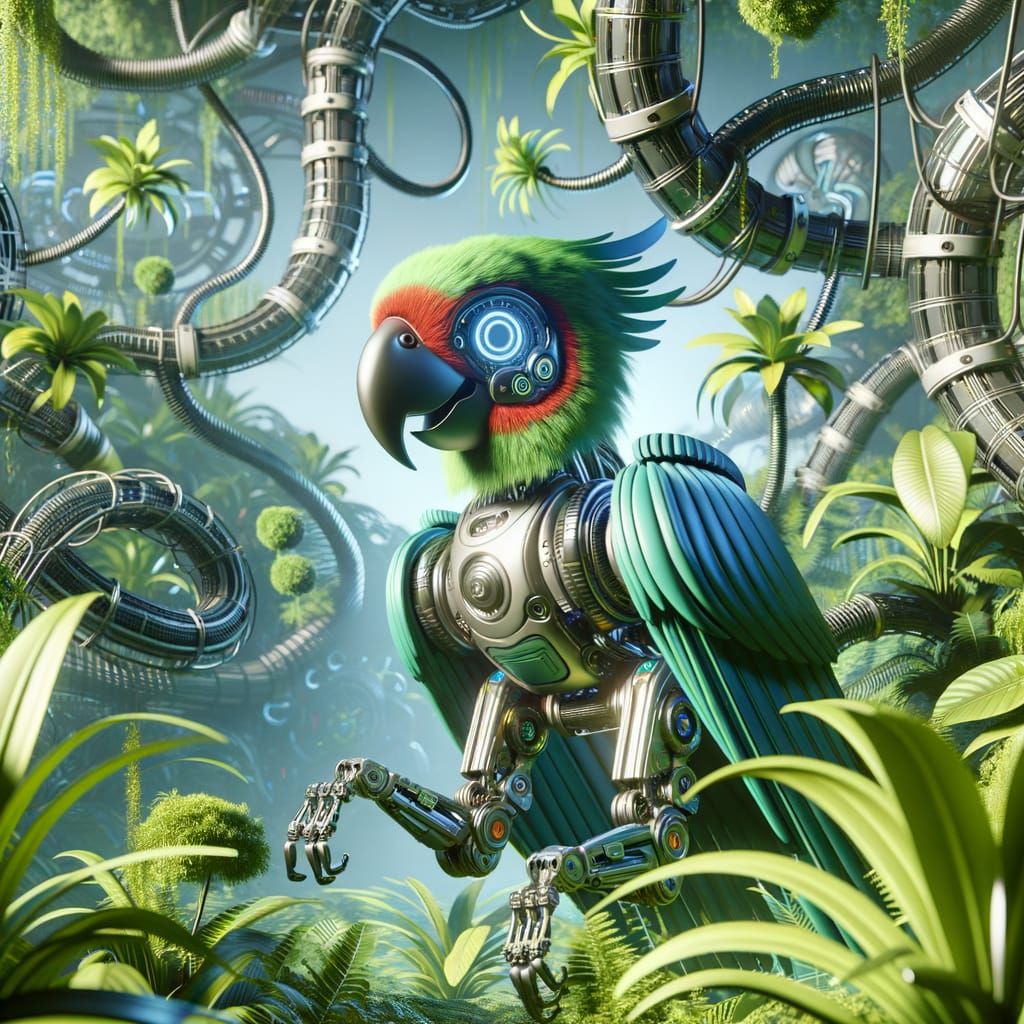 Animated Cyborg Parrot in Technologically Advanced Jungle