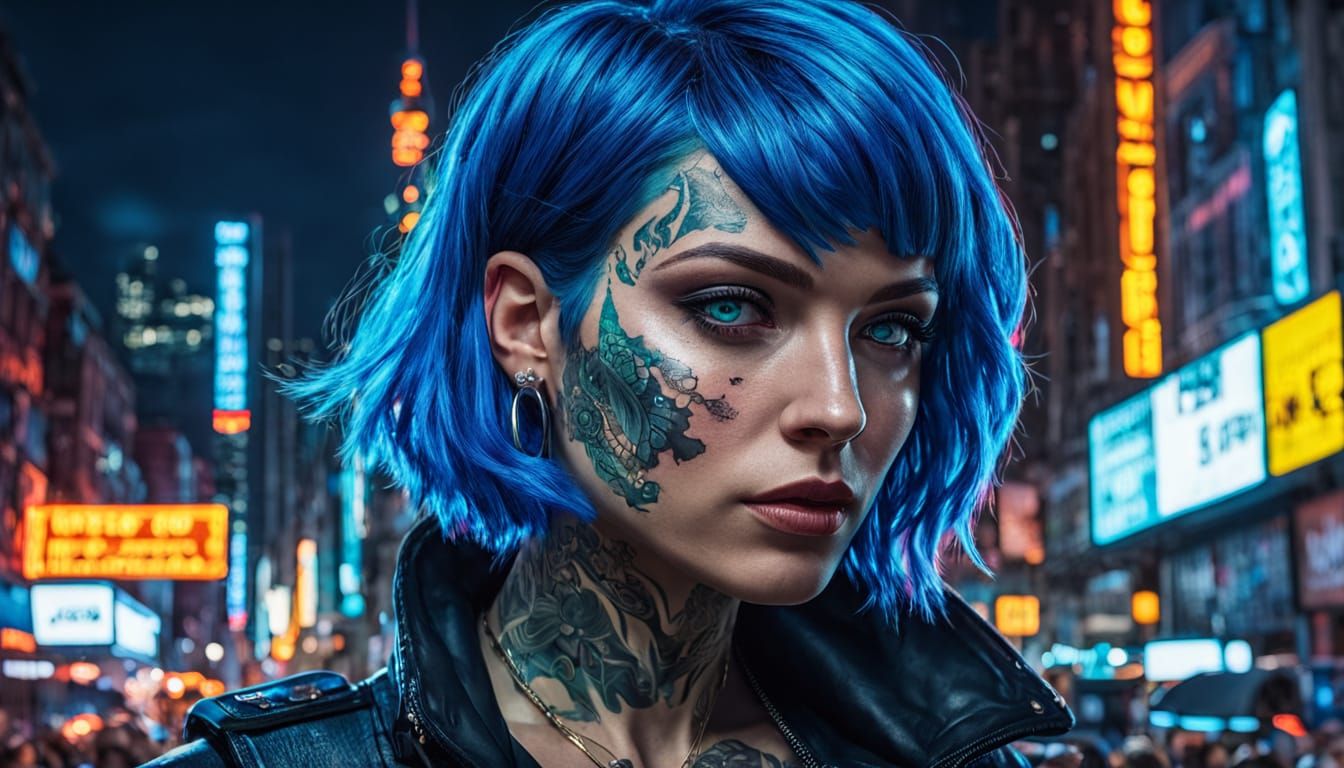 Dieselpunk Woman with Neon Blue Hair in City