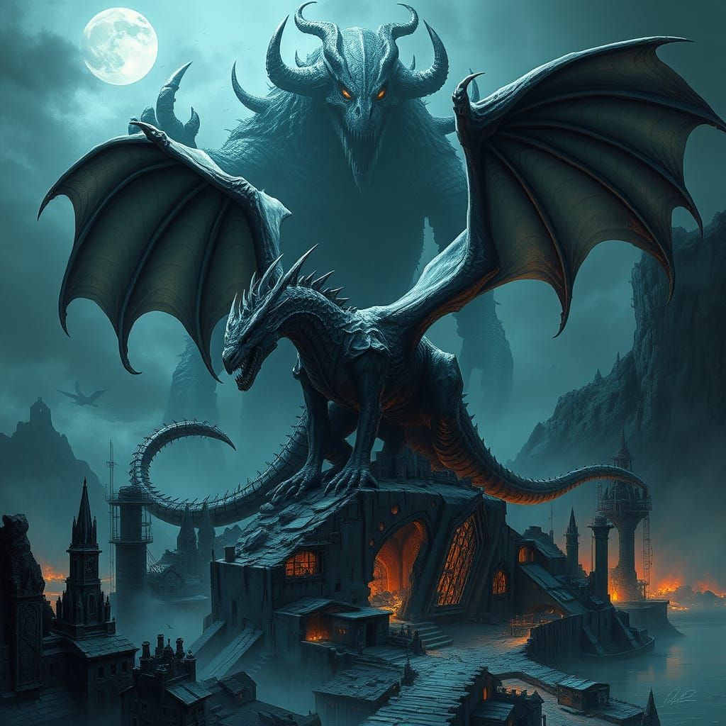 Dragon and Mayo Monster in Ruined Gothic City