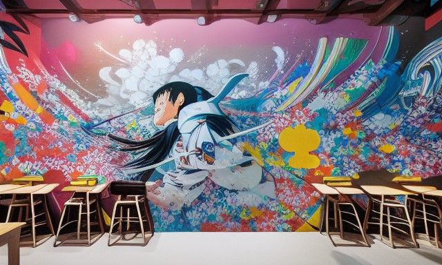 Intricate Graffiti Mural in Trendy Cafe