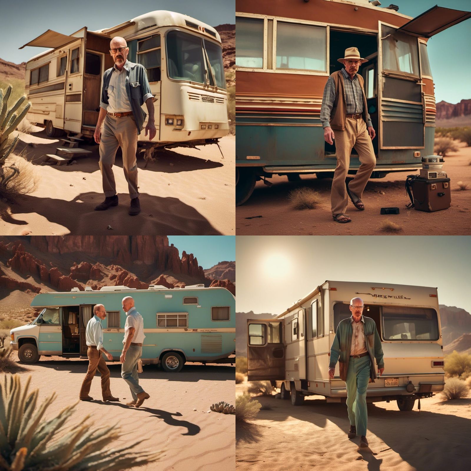 Walter white exiting his RV in the desert, he is wearing a shirt underwear no pants. something went wrong! <lora:Desert:...
