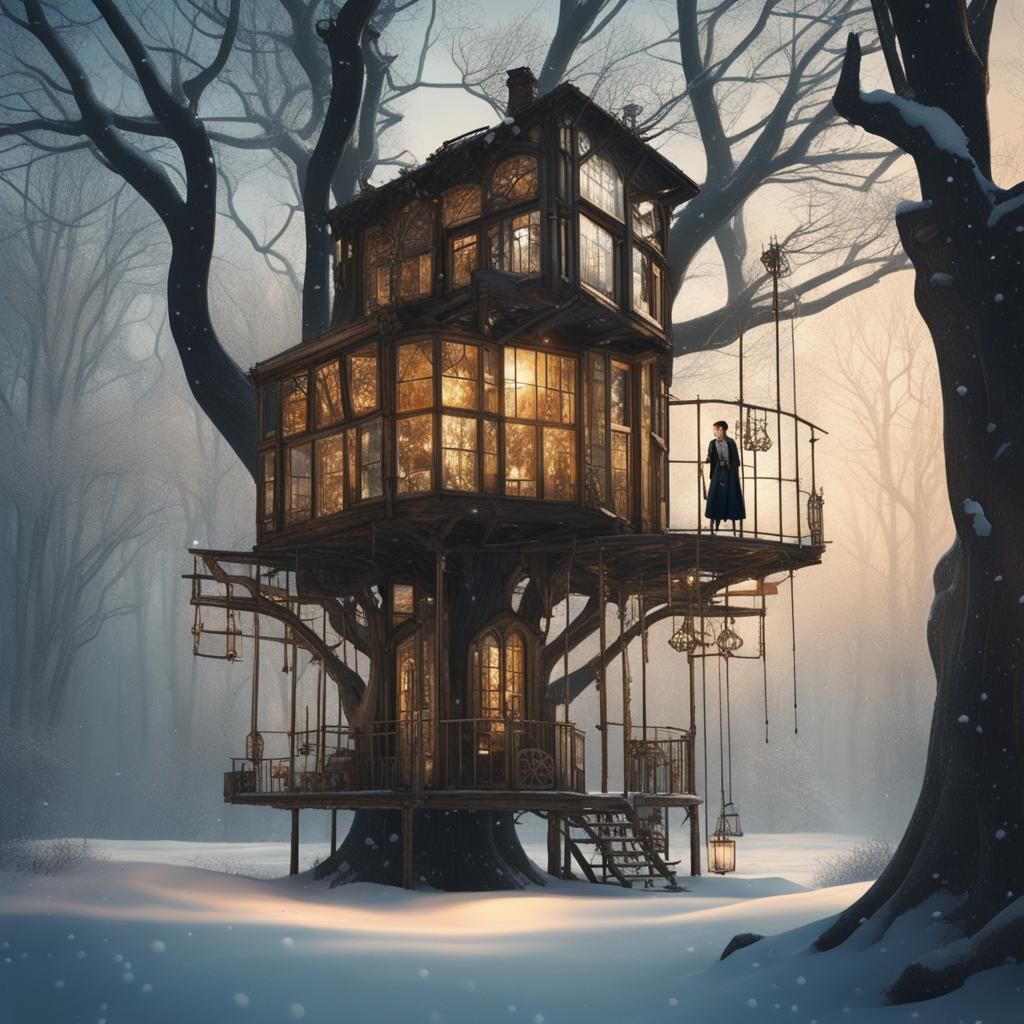 Snowy Treehouse of Recycled Windows: Steampunk Sci-Fi