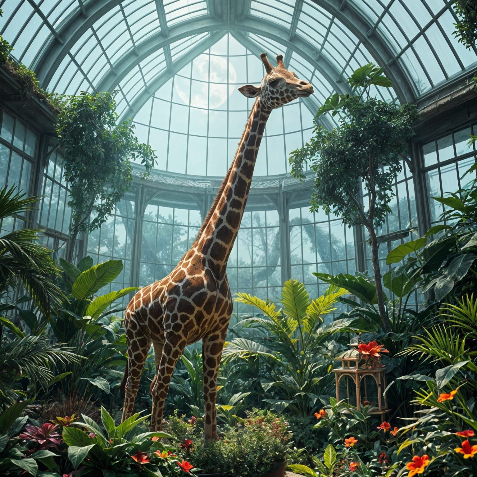 Moonlit Greenhouse Library with Giraffe Statue