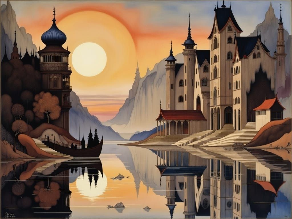 Arabian Ruins Reflected in Sunset Lake, in Intricate Detail