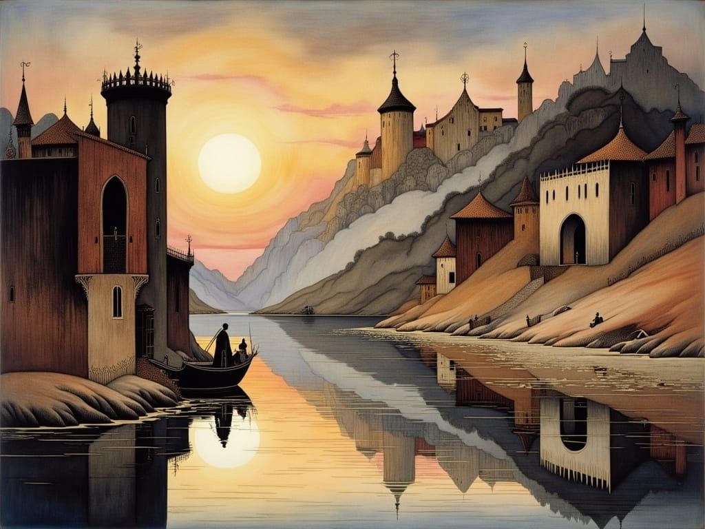 Mysterious Arabian Ruins Reflected in Sunset Lake