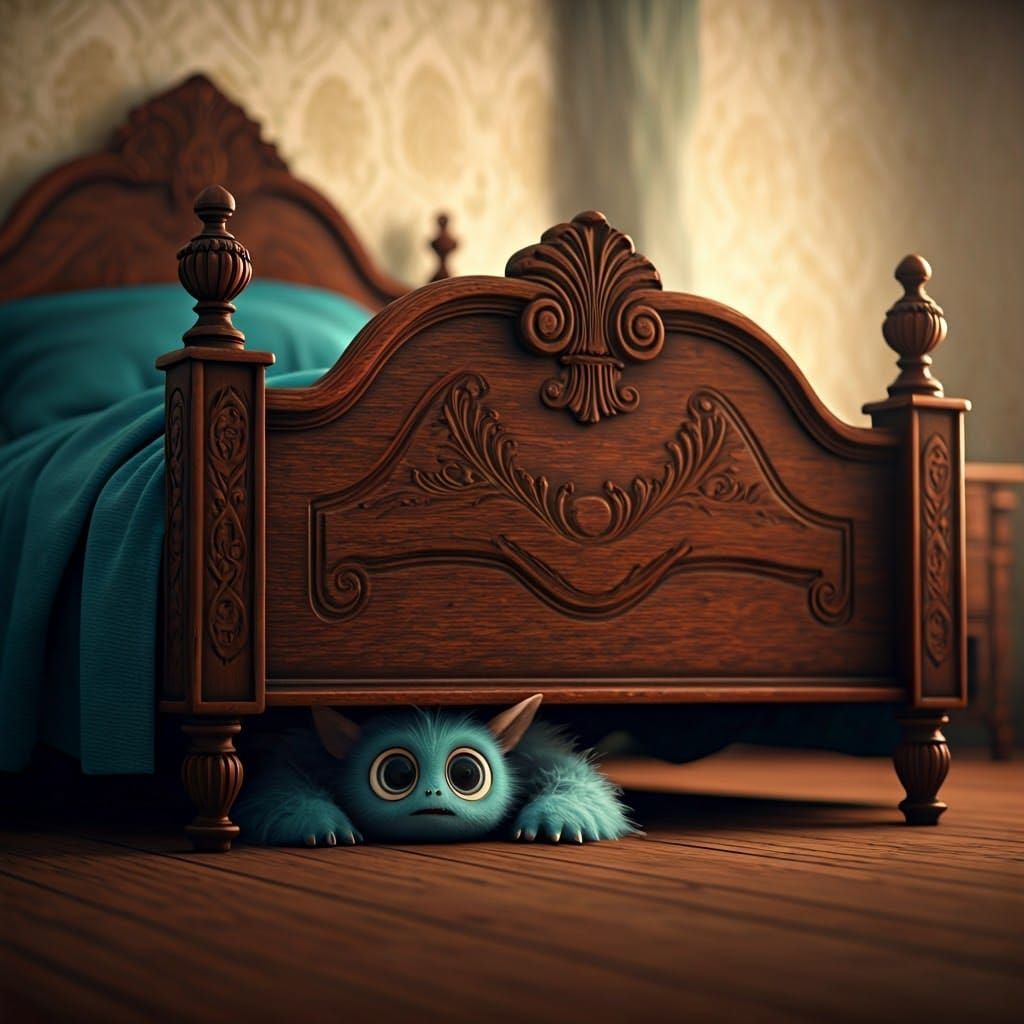 Endearing Monster Hiding Under Ornate Bed, Photorealistic