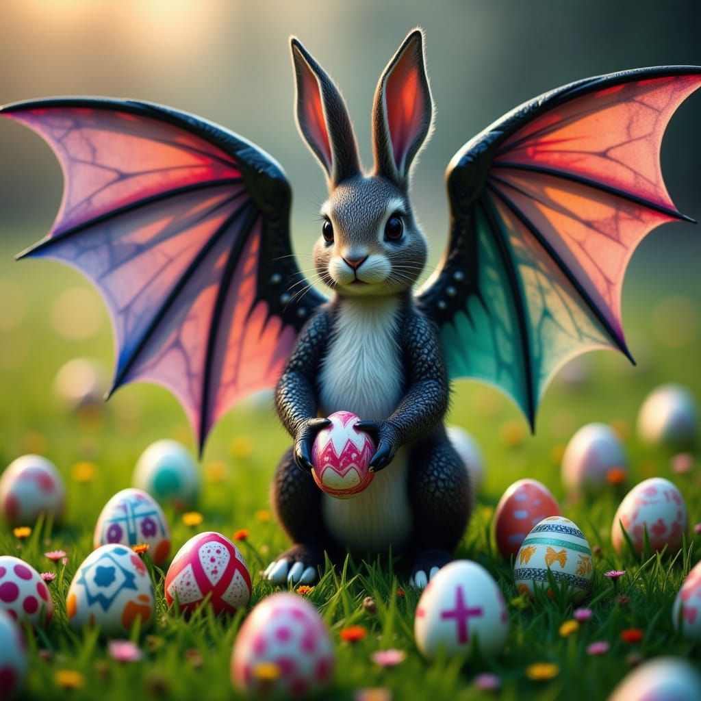 Easter Bunny Dragon in a Vibrant Meadow Scene