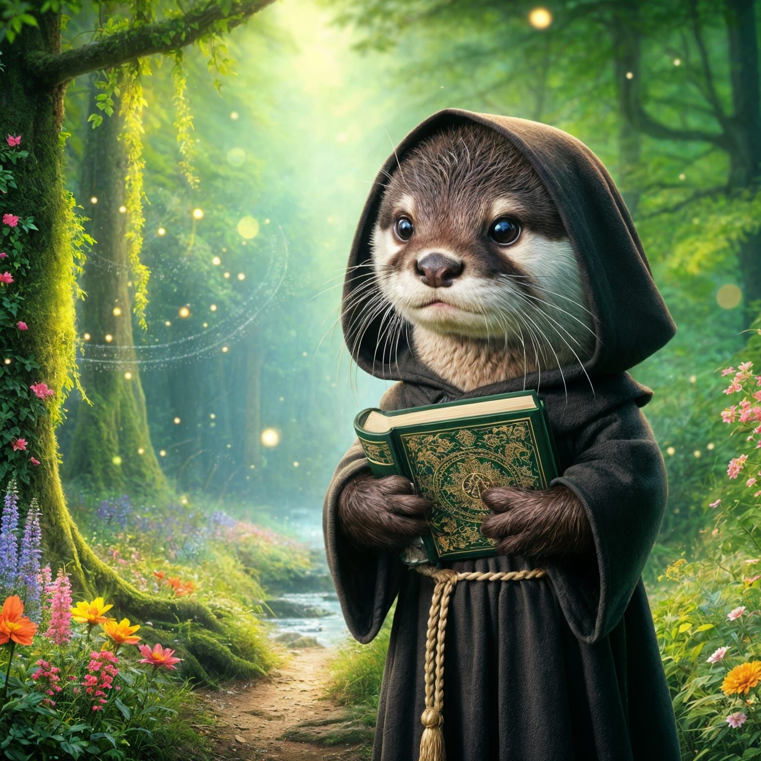 Otter Monk Walks Forest Path in Medieval Robes