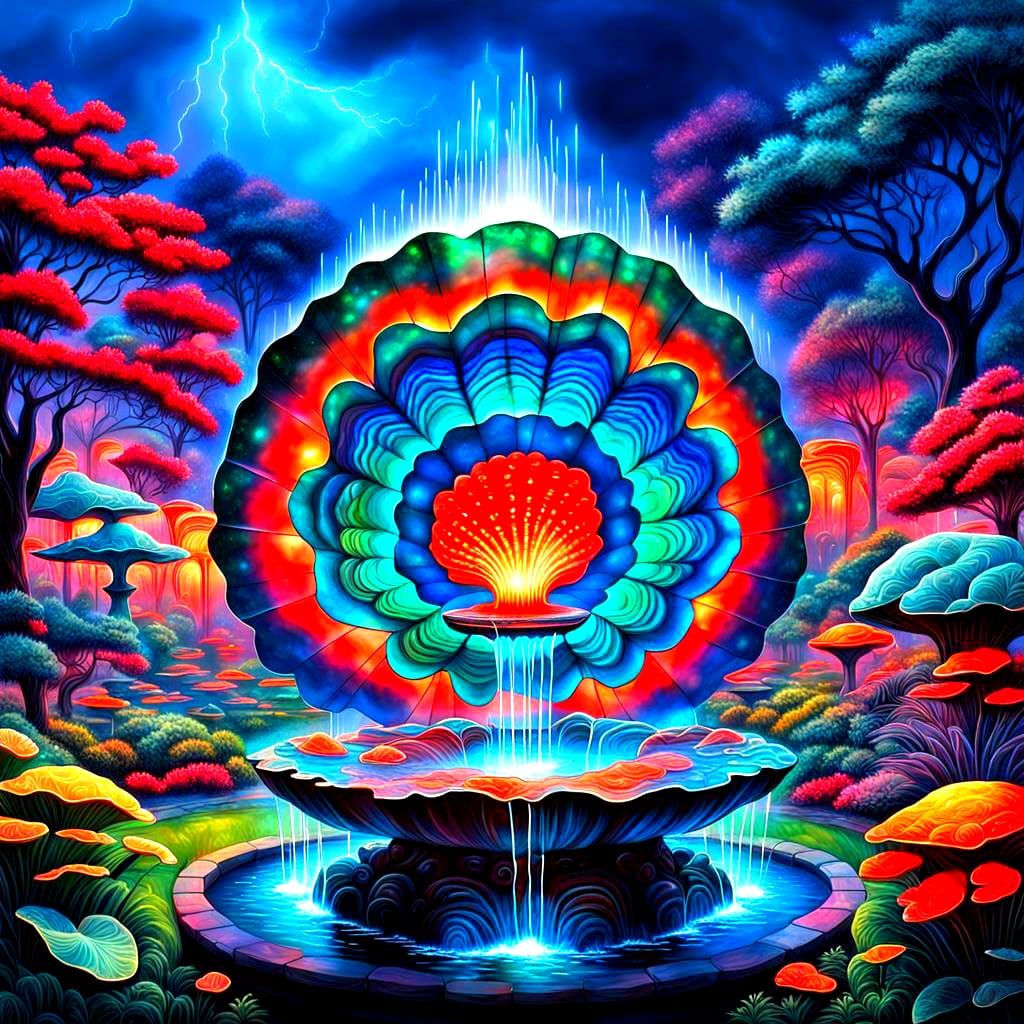 Magical Glowing Fountain in Garden at Night