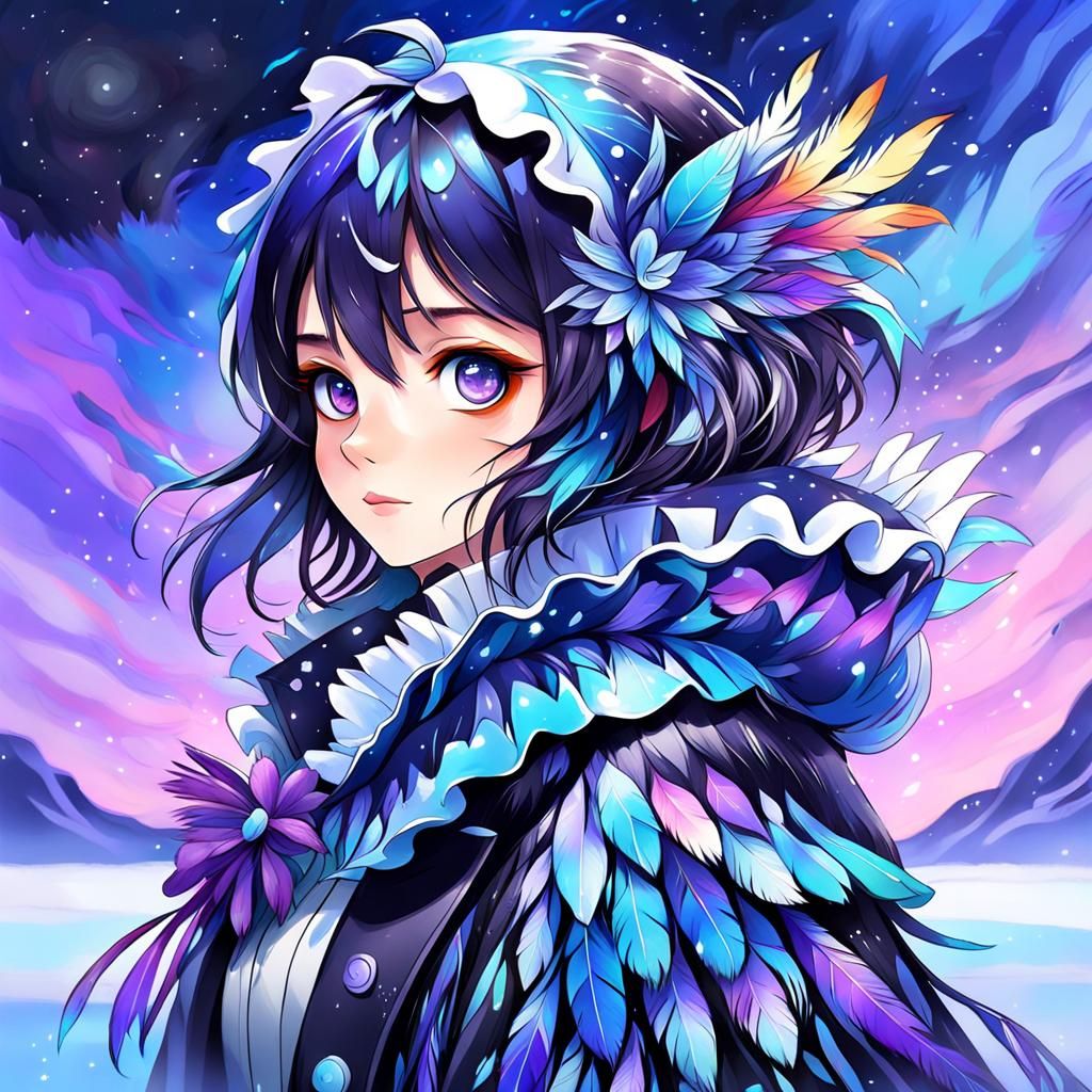 Anime Penguin Girl Portrait in Watercolor Style