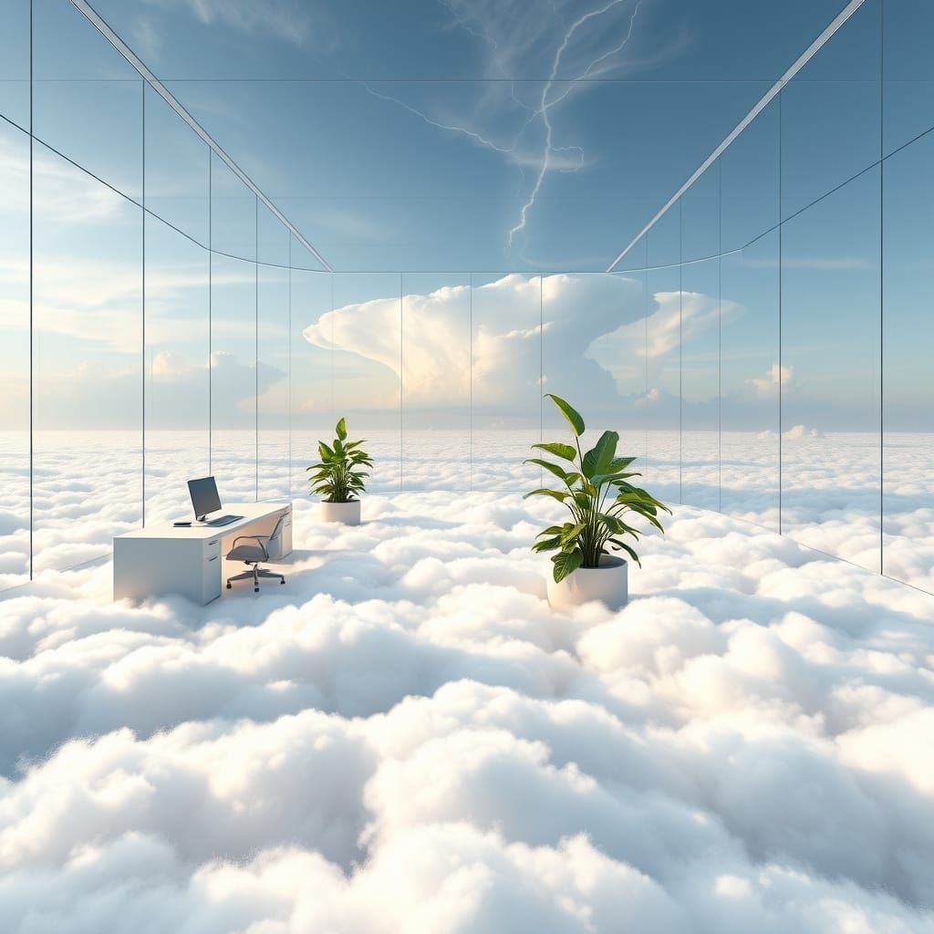 Floating Office Amidst Celestial Clouds