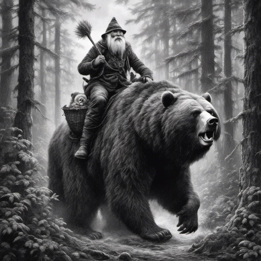 Gnome Rides Bear in Forest: Charcoal Illustration