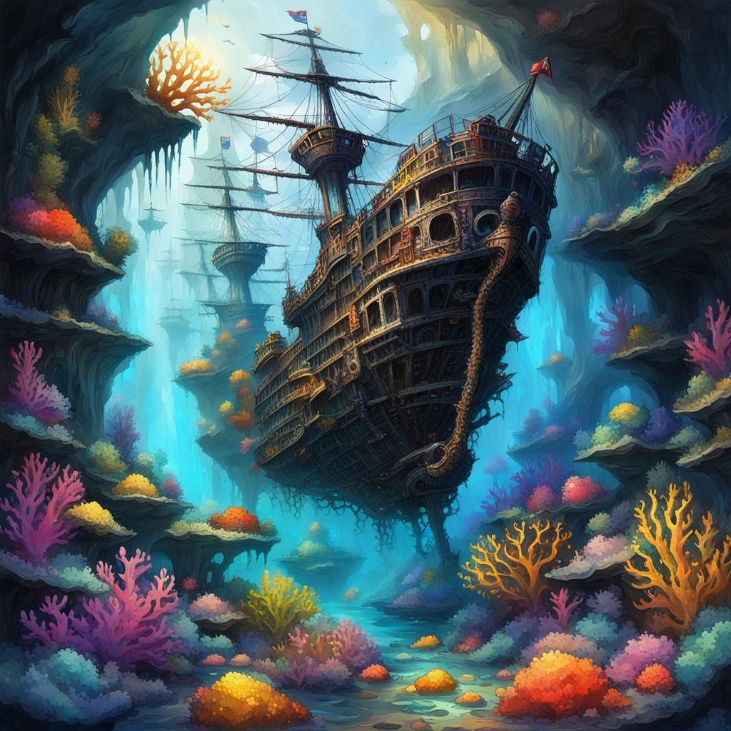 Coral-Covered Pirate Shipwrecks in Neon Gouache Style