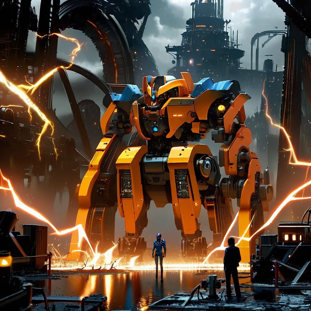 Glowing Cyberpunk Warrior in a Storm of Plasma