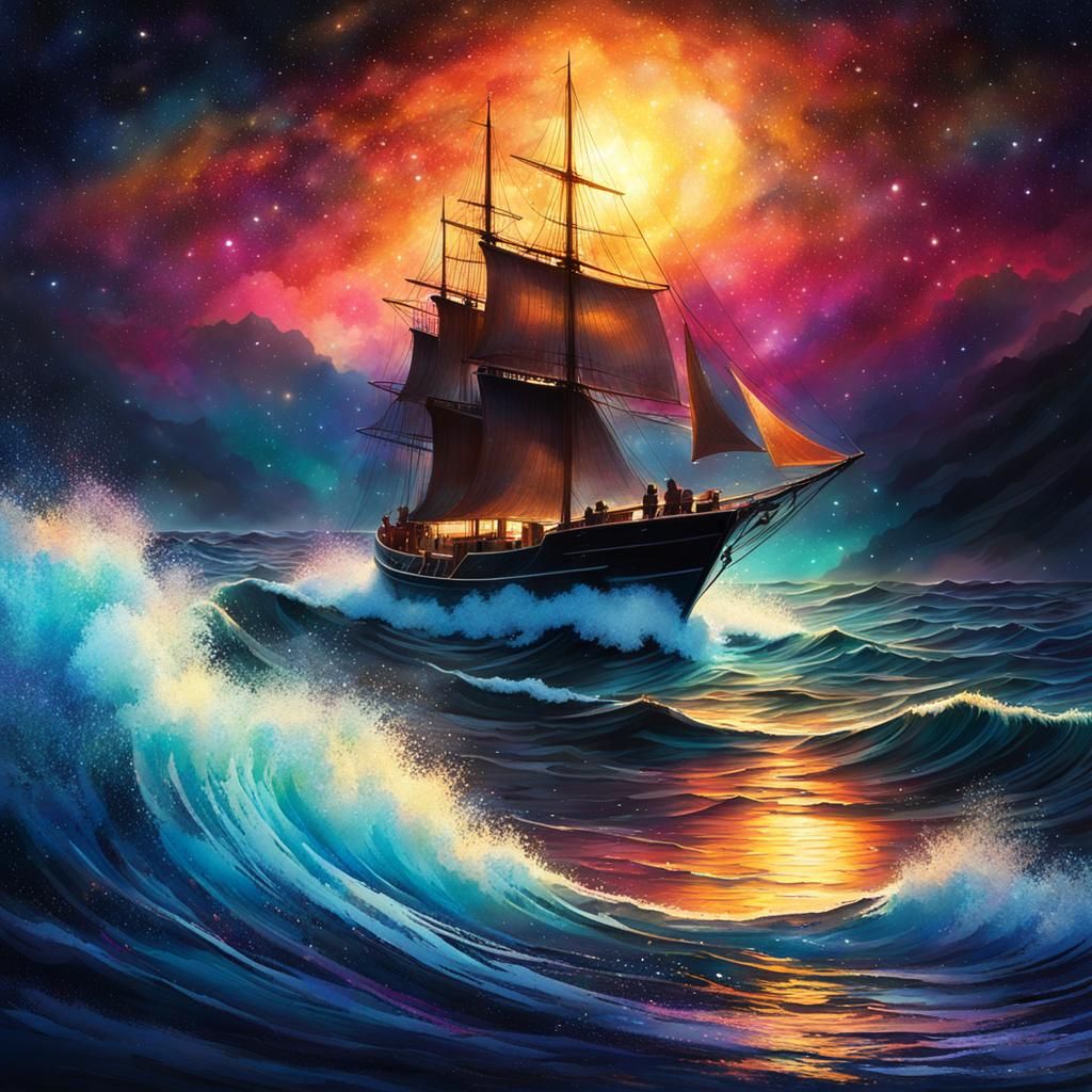 Luminous Stardust Ocean at Night: Splash Art Illustration